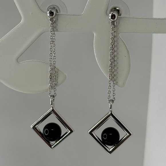 925 Sterling Silver Jewelry - 925 Silver and Black Geometric modernist Drop Earrings
